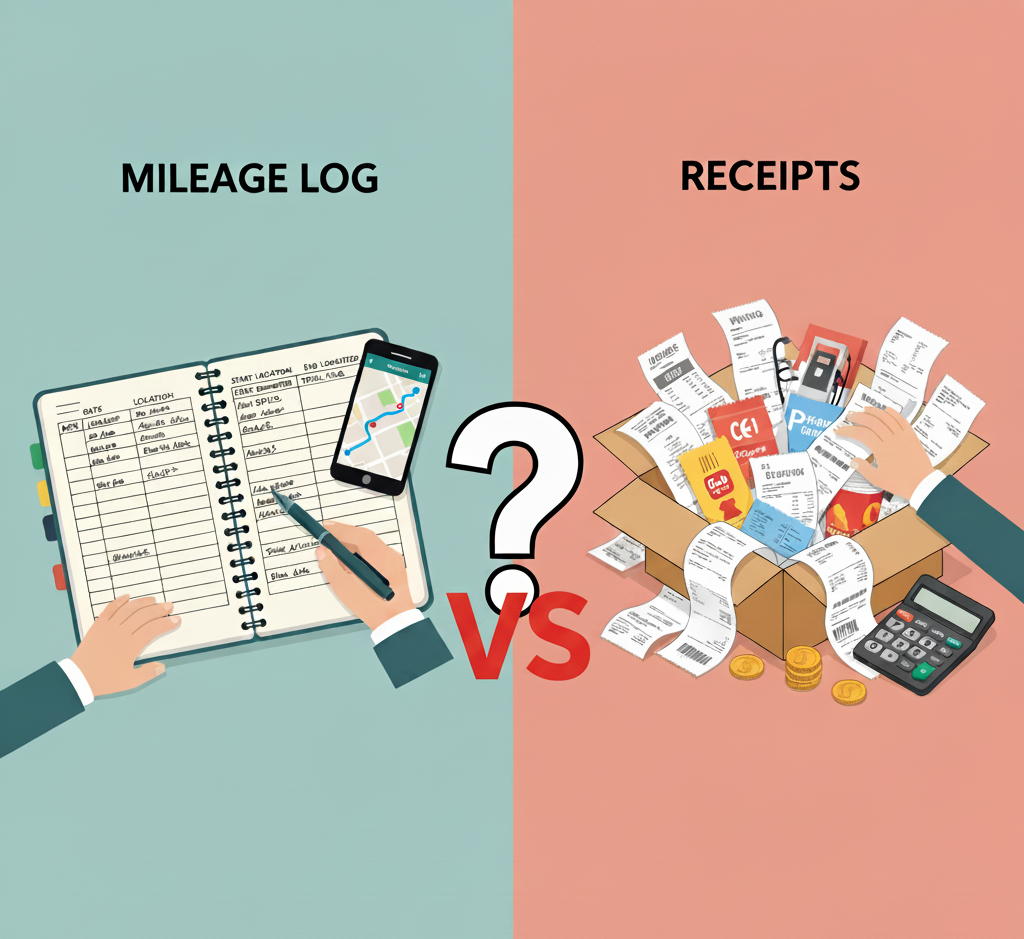 Illustration showing a mileage log or tracking method for vehicle kilometres and expenses