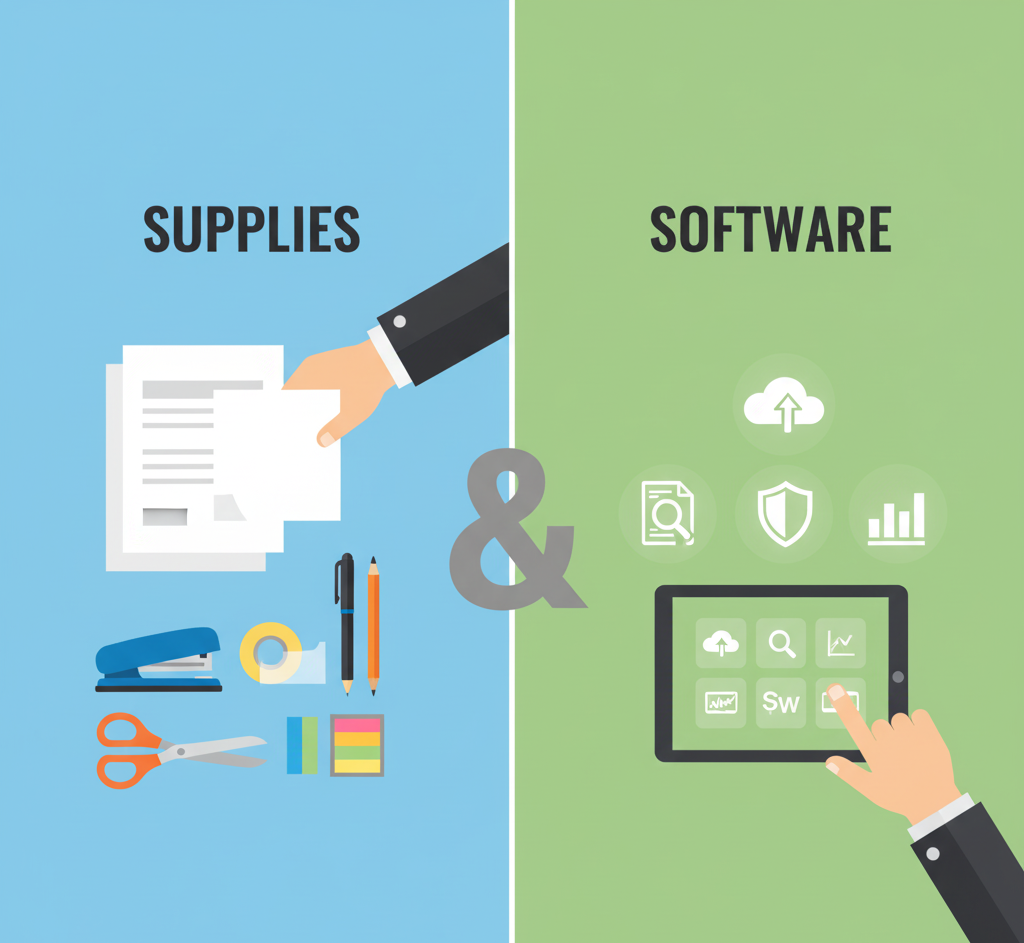Illustration of various business supplies like a laptop, software icons, and notebooks